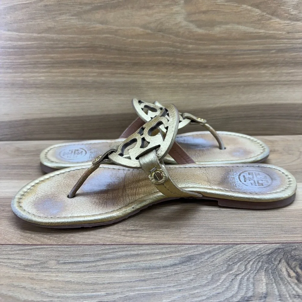 Tory Burch Miller Flip Flops 9 M Gold Pebble Leather Vacation Resort